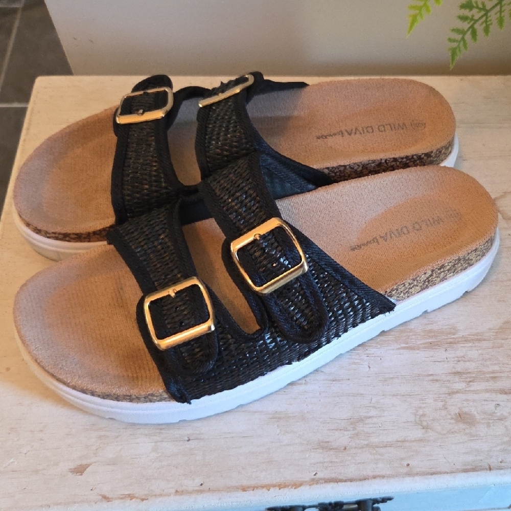 Black Double Buckle Sandals Platform Womens Size 9
